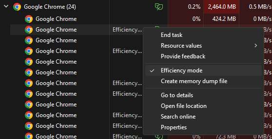 Disable effiency mode for a specific process