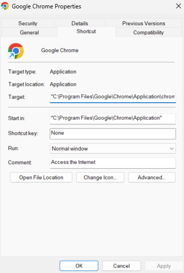 Google Chrome Icon properties